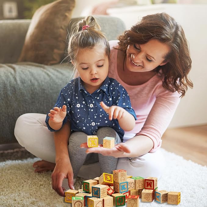 SainSmart Jr. Wooden ABC Blocks 40PCS Stacking Blocks Baby Alphabet Letters, Counting, Building Block Set for Toddlers 1.2 Inch