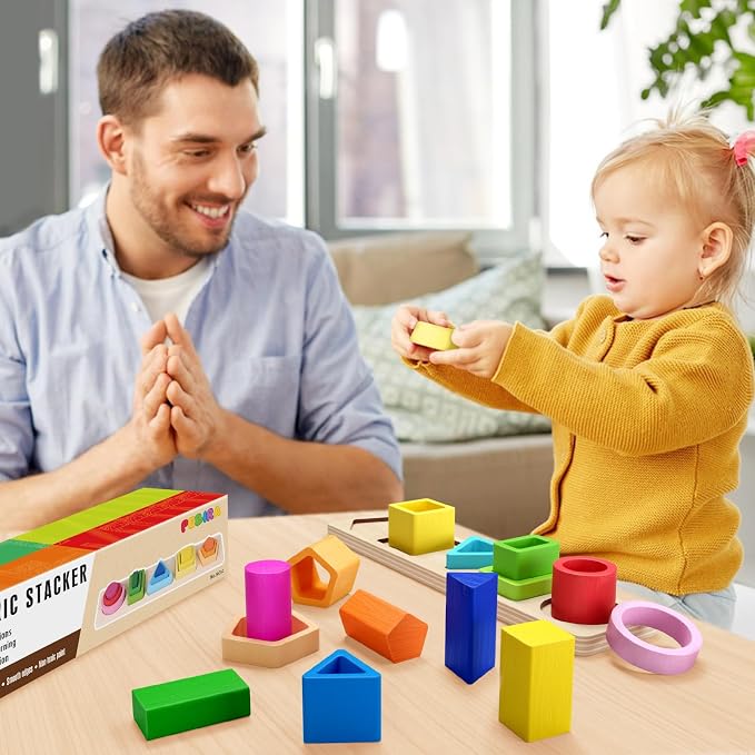 Montessori Toys for 1 2 3 Year Old Boys Girls Toddlers, Peg-Free Wooden Toy | Heightened Sorting Stacking Toys, Birthday Gift for Baby Kid Age 18+ Month, Preschool Nested 3D Shape Sorter Learning Blocks