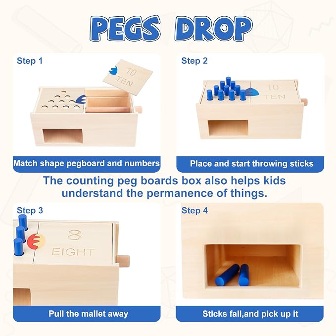 Montessori Toddler Counting Peg Board Box with Number- Wooden Counting Box Toys for Toddlers 1-3,Math Manipulatives Materials and Numbers,Montessori Toys for 3 Year Old,Large Size 10.8" X 4.9 "X 3.9"