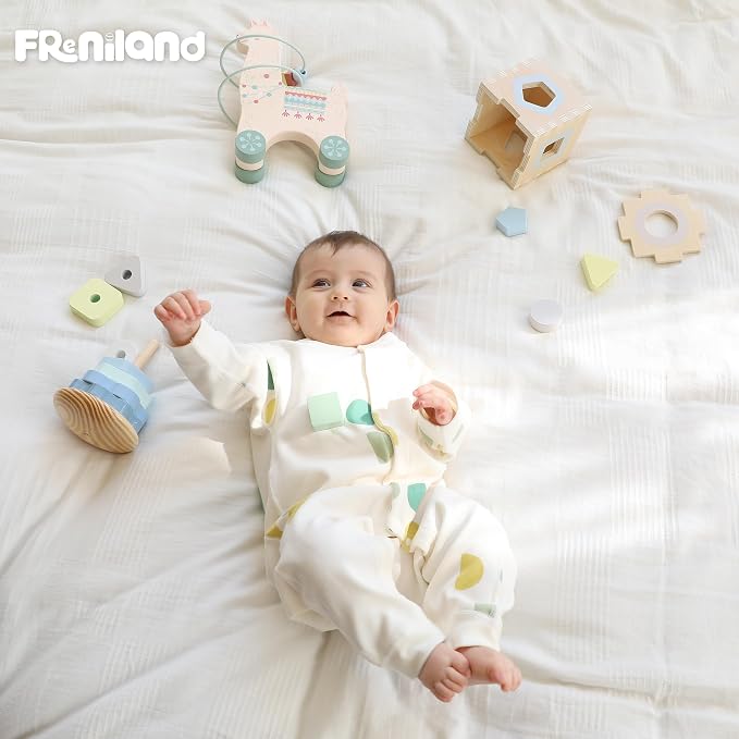 FReniland Montessori Toys for 1 Year Old,3-in-1 Wooden Baby Toys,Wooden Stacking Toy,Toddler Shape Sorting Cube, Llama Ring Toy,Newborn Baby Gift Sets for Boys and Girls