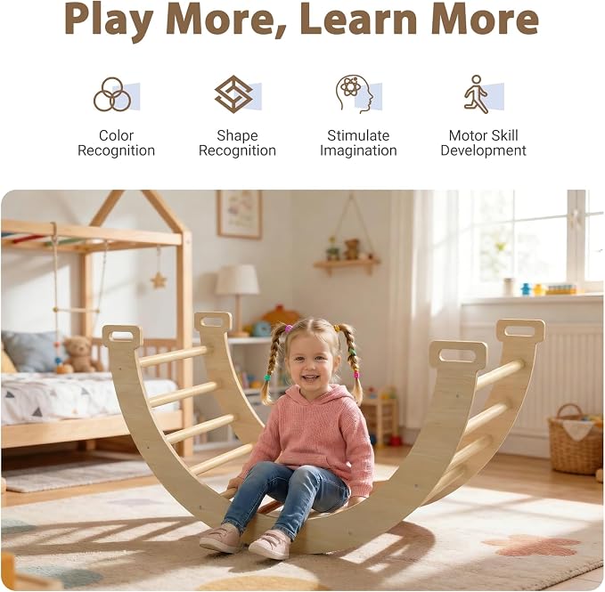 Large Pikler Triangle Set, 7-in-1 Toddler Climbing Toys Indoor, Wooden Montessori Climbing Set with Arch Ramp Ladder, Foldable Baby Jungle Gym Playground (Wood Natural)
