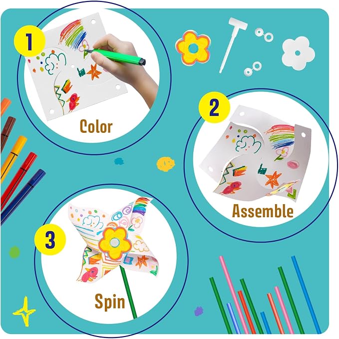 KwestSync 48 Pack DIY Pinwheels for Kids - Bulk Spring Summer Crafts for Kids 3-5, 4-6, 4-8, Color Your Own Paper Windmill - Great Activity for Party, VBS, Patriotic Classroom Birthday