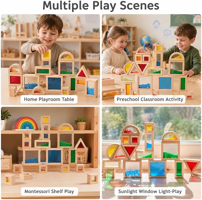 23 Pcs Rainbow Wooden Sensory Building Blocks for Toddlers,Gift for Kids | Colorful Geometric Stacking Toys with Beads, Sand & Mirror Blocks, Montessori STEM,Preschool Learning Educational Toys