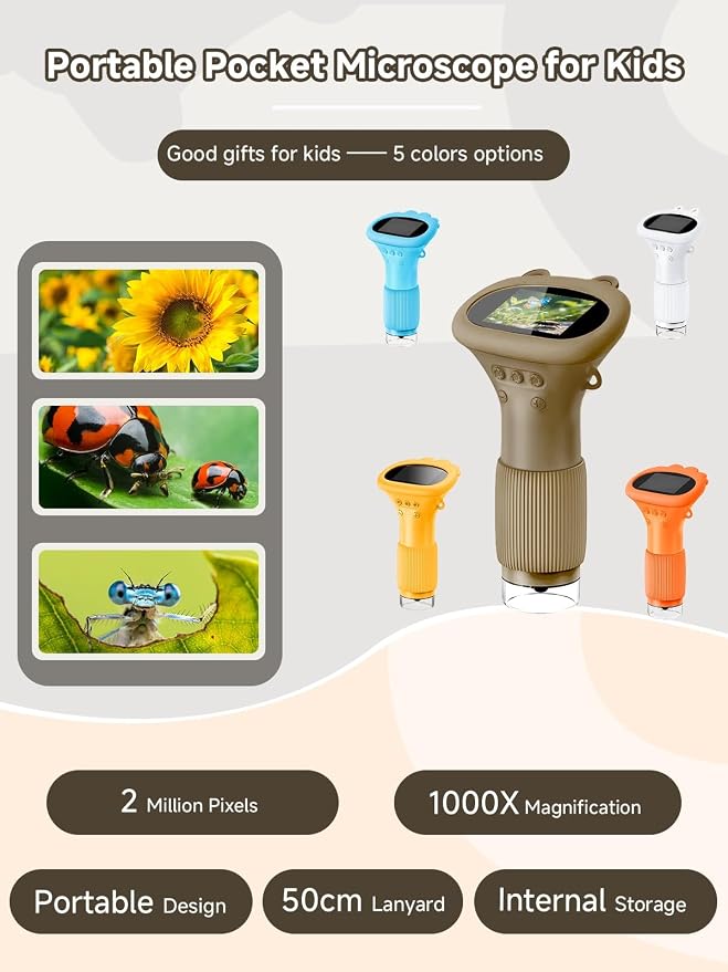 Acoath Microscope for Kids, 1000X Handheld Digital Miniscope with 2.0" Screen, Portable Pocket Microscope Education Toys Birthday Gifts for Age 3 4 5 6 7 8 9 10 Girls Boys