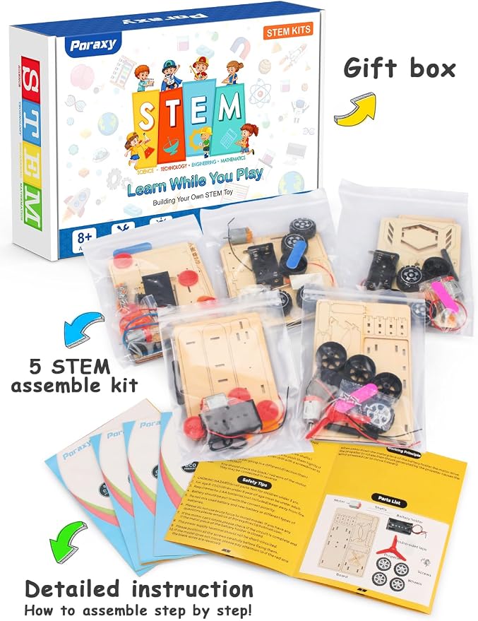 5 in 1 STEM Kits for Kids Age 8-10, Science Building Project Craft for 8-13, Model Car Kit, STEM Toys for Boys Girls Age 8-12, Wooden 3D Puzzles, Birthday Gifts for 6 7 8 9 10 11 12 13 Year Old