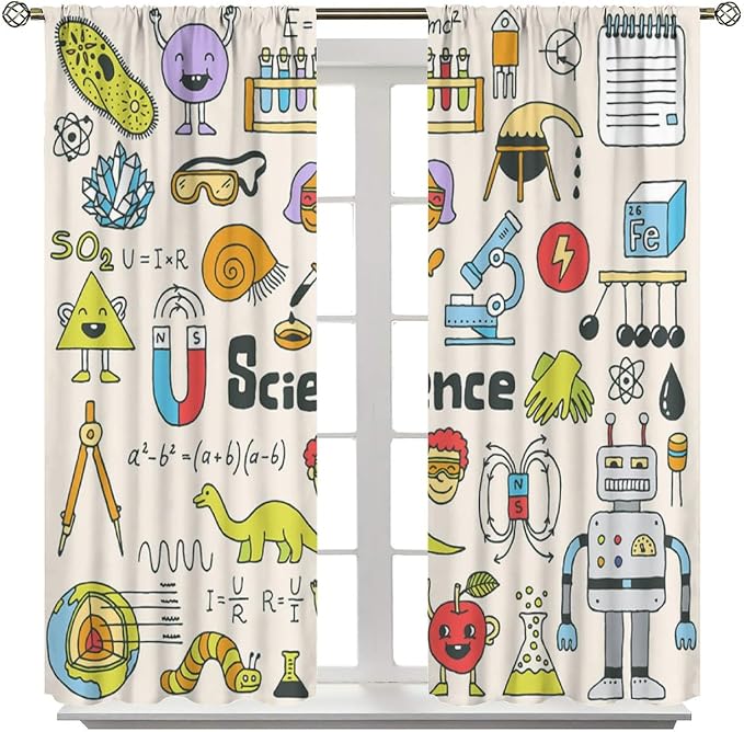 Cartoon Science Bedroom Curtains, Chemistry Science Pharmacy Research Blackout Rod Pocket Window Drapes for Childs Girls Boys Bedroom Living Room Home Set 2 Panels,42x54 Inches