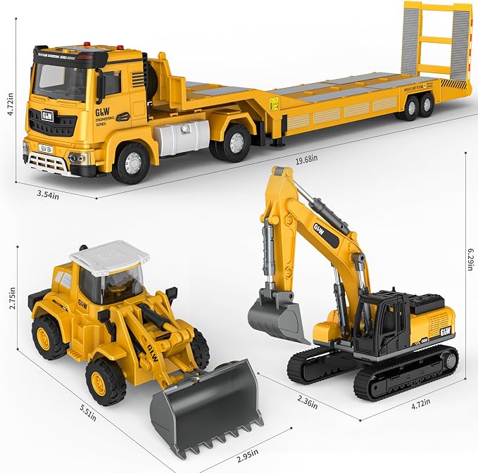 Pupu Pig Kids Toys for 3 4 5 6 7 Years Old Boys, Die-cast Construction Toys Set w/Semi Truck, Excavator, Bulldozer, Alloy Engineering Construction Vehicles Truck Toys w/Lights & Sounds, Model Cars