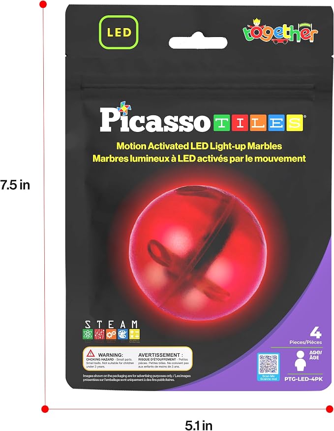 PicassoTiles Motion Activated Marbles 4pc LED Light-Up Glow in The Dark Translucent Balls for Marble Run Race Racetrack Maze Magnetic Construction Magnet Tiles Building Block STEM Education Kids Toys