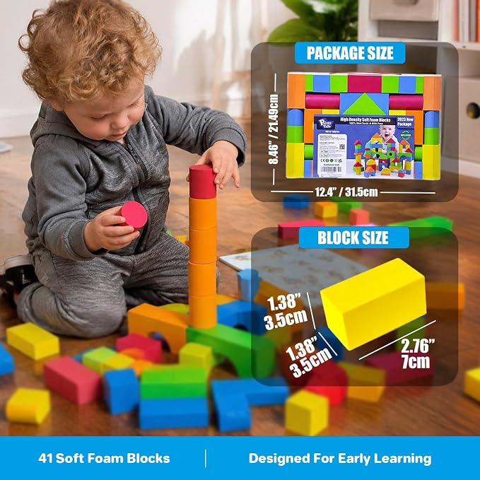 Pairez Toys Foam Building Blocks for Toddlers 2-4, 41PCS EVA Soft Blocks | Baby Bath Foam Toy Set, Stacking Blocks, Early Learning Construction Toys & Gifts for Kids, Boys & Girls 18+ Months