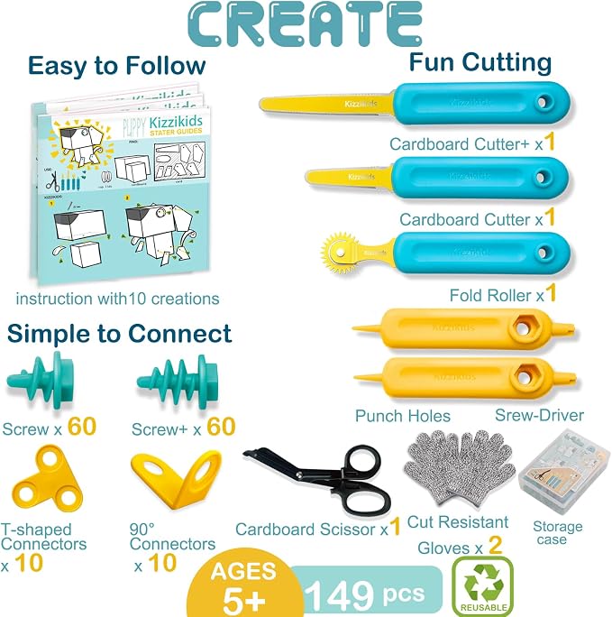 Kizzikids Cardboard Tools for Kids, Safe Cutter STEM Construction Kit | 149 PCS, Hands-On Learning, Creative Projects, Screen-Free Play, Family Fun, Classroom Activities, Ages 5+