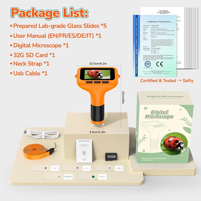 Kids Digital Microscope with 3-Inch Screen: STEM Toy Science Gift Ages 4-12 | 32GB Card, 1000X Zoom, Rechargeable, Photo/Video, Connect to PC, 8 LEDs, 6 Brightness Levels, One-Touch Capture