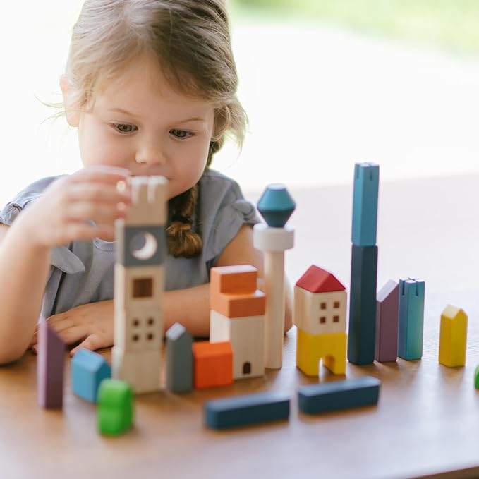 PlanToys® Cityscape Blocks Wooden Montessori Building Imaginative Kids Set | shapes, buildings, construction toys, sorting & stacking toys, girls, boys, spatial STEM fine motor creative gift preschool