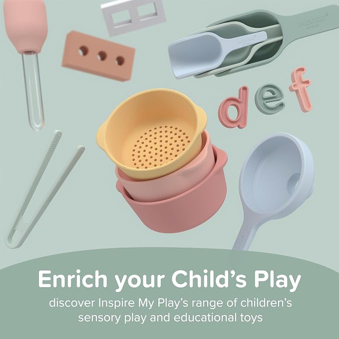 3 x Silicone Coral Nesting Bowls for Kids Plus Water and Sand Sieve | Kids Bowls Sensory Play | Messy Play and Water Play Accessories | Suitable for 10 Months Plus | Tuff Tray Accessories