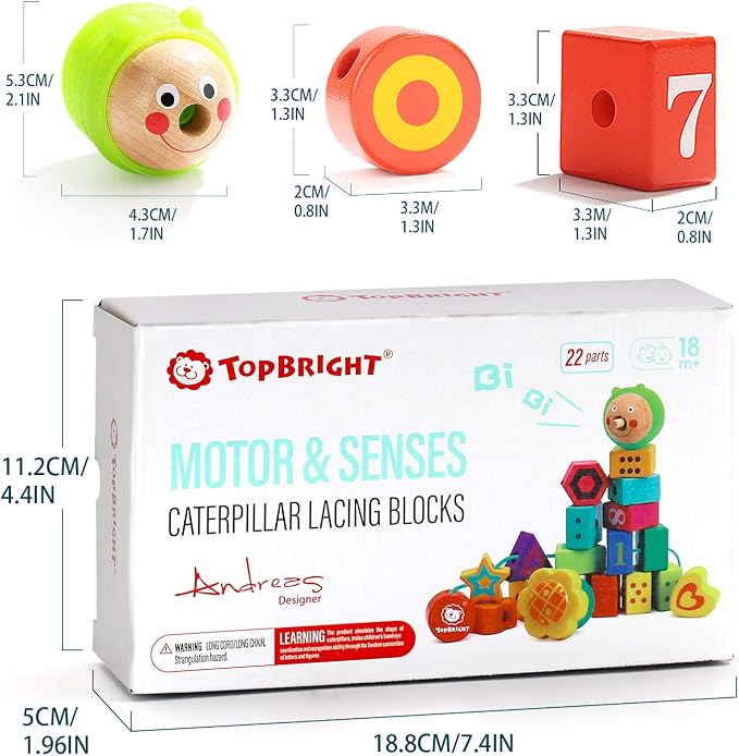 TOP BRIGHT Wooden Lacing Beads, Montessori Fine Motor Toys for Toddlers 1-3