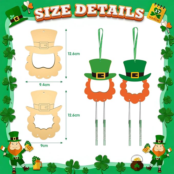 Fennoral 24 Pack St Patrick's Picture Frame Wind Chime Craft Kit for Kids Make You Own Patrick's Day Craft Kit Wooden DIY Coloring Art and Craft for Irish Classroom Art Activity Patrick's Decoration