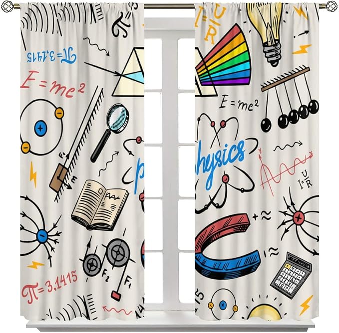 Science Physics Window Curtains, Abstract Math Chemistry Curtain Scientist Graffiti Print Window Treatments for Kids Teens Bedroom Living Room Set 2 Panels,84x84 Inches