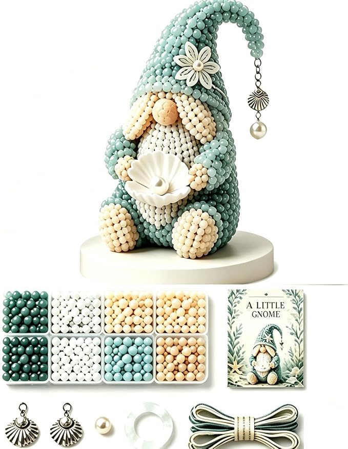3D Beaded Gnome Craft Kit, 7.1in Non Slip Stable Structure Bead Threading Project Box, Handmade Gnome DIY Toy Set with Charms for Kids Ages 6 Plus Adults