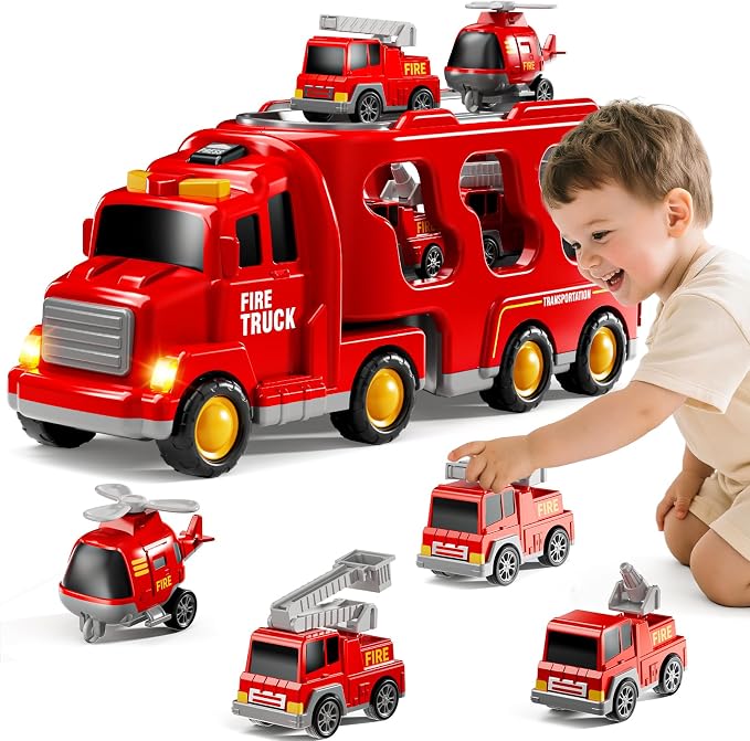 Fire Truck Toys for Toddler 3-5, 5-in-1 Fire Car Carrier | Vehicle Set for Boys Girls 3 4 5 6 Years Old, Transport Car with Light Sound, Birthdays Gifts for Kids Girls Aged 3-9