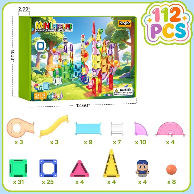 112 Pieces Mini Magnetic Tiles Building Toys for Kids Ages 4-8 Boys Girls | Zerxpho Magnetic Tiles with Rolling Balls and Cartoon Characters Imagination to Create a 3D World, STEM Learning Toys Gift