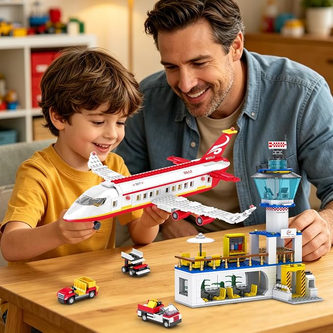 886 Pcs City Passenger Airplane Building Set | STEM 6 in 1 Airport Passenger Plane Building Block Toy with Terminal, Shuttle Bus,Luggage Cart, for Boys Girls Ages 6-12+