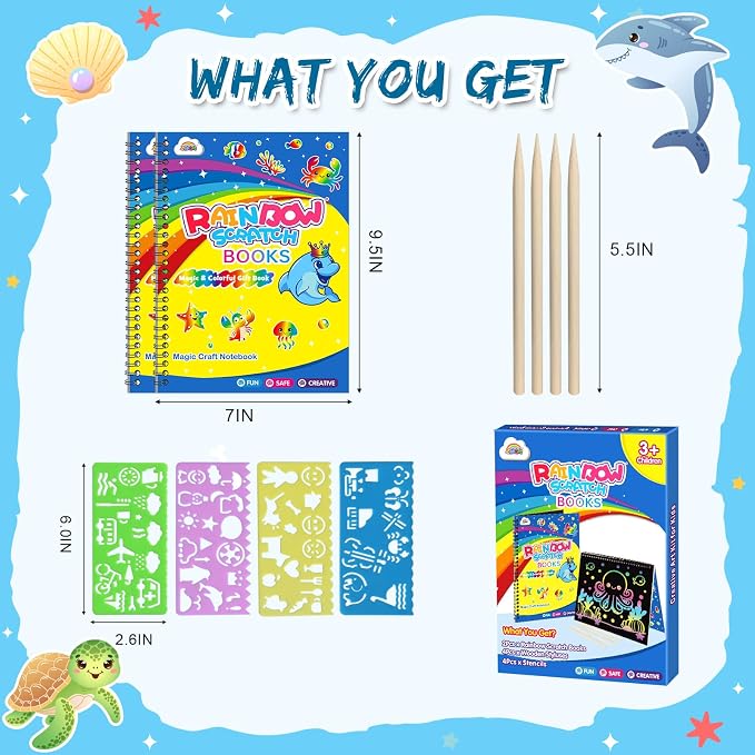ZMLM Scratch Paper Art-Crafts Gift: 2 Pack Rainbow Notebooks Supplies Toys | Art Crafts for 3 4 5 6 7 8 9 10 11 12 Years Old Girls and Boys Kids Birthday Christmas Party Travel Games Activities Ocean