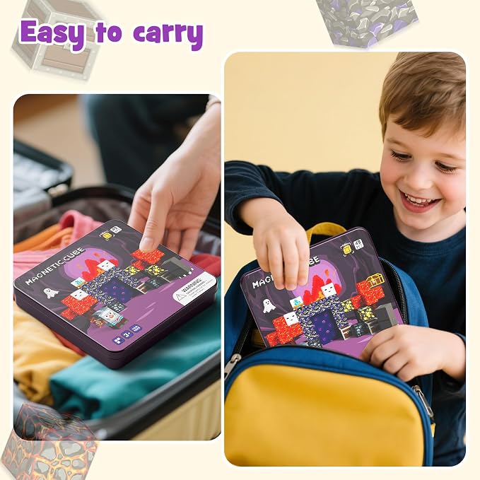 WMXDU Travel Magnetic Blocks Set: Bottle-Light Role Play for Boys 3-8 | Keeps Boys Quiet & Focused 45+ Min on Trips, Strong Magnets Hold 15 Cubes without Toppling, Iron Box