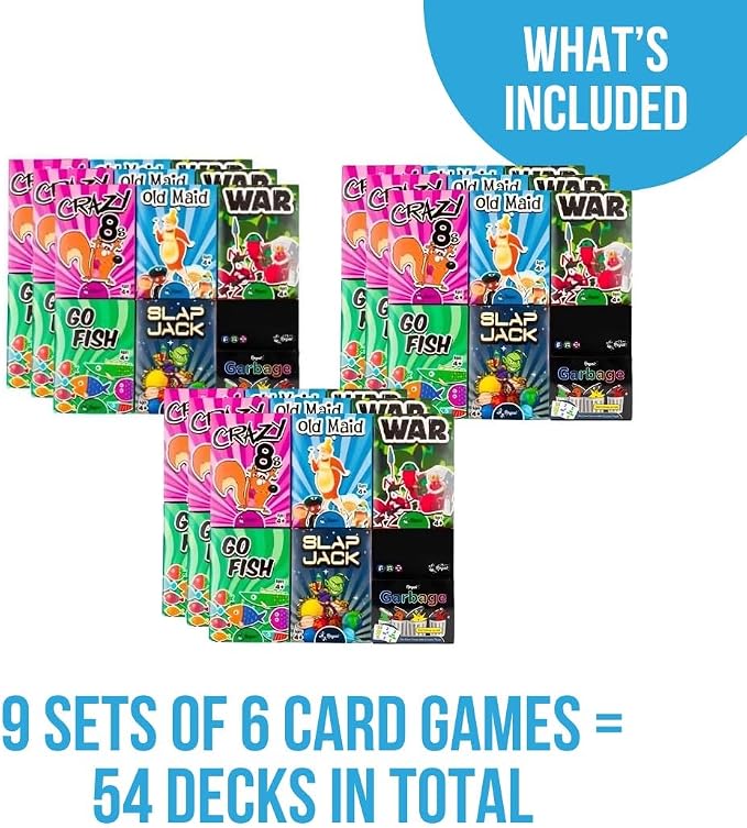 Regal Games Card Games for Kids - Go Fish, Crazy 8's, Old Maid, Slap Jack, Garbage Monsters, War - Simple & Fun Classic Family Table Game Sets (9 x 6)