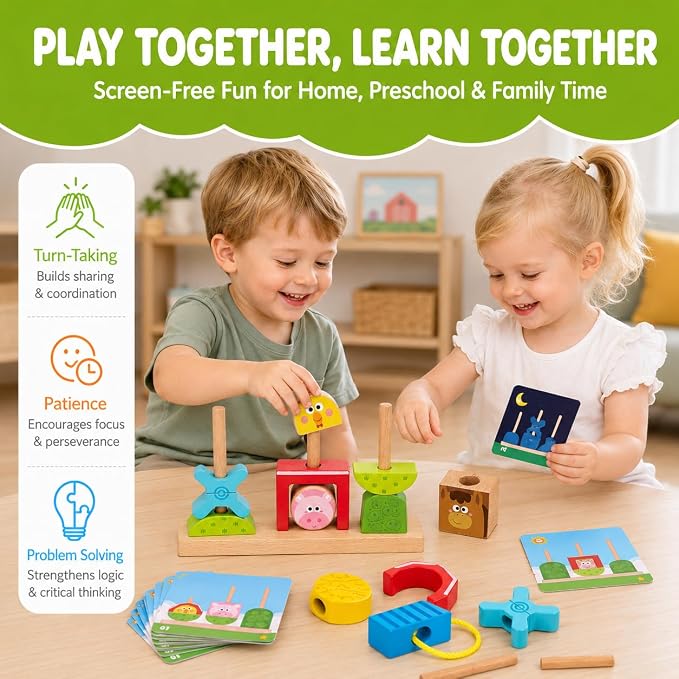hahaland Montessori Toy for 1+ Year Old, Wooden Farm Stacking Sorting Toy | Toddler Puzzle Activity with Lacing Beads, Shape Cards & Brain Blocks, Learning Gift for Boys Girls 12+ Month