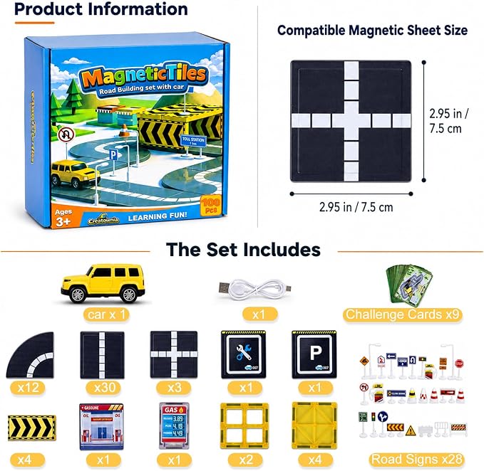 100-Piece Magnetic Road Tiles Expansion Set,Includes Sensor-Guided Car that Follows Road Lines + Traffic Signs,Compatible with Most Major Magnetic Tile,STEM Building Toy for Kids Ages 4–12