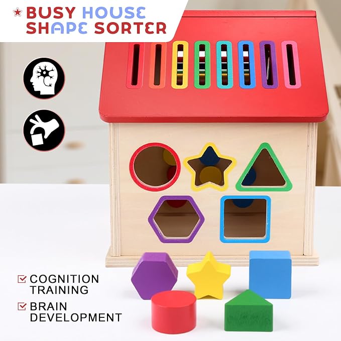 Wooden Shape Sorter Activity Cube, Montessori Toy for Toddlers 3+ Years Old | Multi-Functional Busy House Baby Color Sorting Educational Learning Toy, Birthday Gifts for Boys Girls