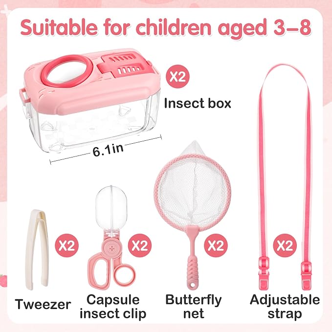 2 Sets Bug Catcher for Kids, Bug Catching Kit Gifts with Butterfly Net Toys | Built-in Magnifying Glass Bugs Box, Kids Camping Toys Bugs Collection Outdoor Explorer Kit for Girls Age 3 4 5 6 7 8, Pink