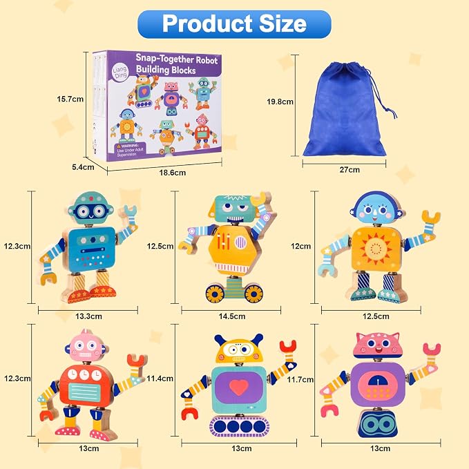 33-Piece Wooden Snap-Together Take-Apart Robot Building Blocks for Kids 3-6 | Mix-and-match heads, bodies, arms and legs for varied creations, fine motor practice, problem-solving and open-ended play