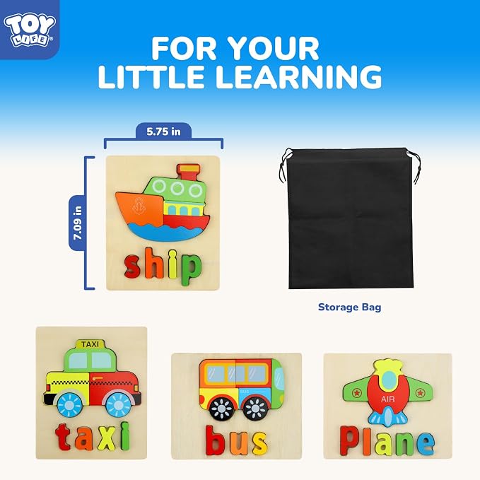 TOY Life Toddler Puzzles Ages 2-4, 4 Vehicles with Spelling Wooden Puzzles for Toddlers 3-5, Montessori Toys Gifts for 1 2 3 Years Old Boys Girls, Christmas Birthday Gifts Learning Toys for Kids