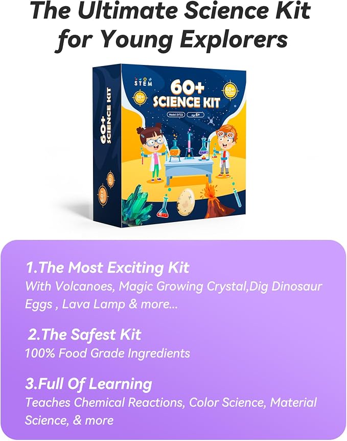 Melican 60+ Science Experiment Kit for Kids Ages 8+, STEM Educational Science Gifts for Kids, First Science Kit for Boys Girl Birthday | S.T.E.M Educational Project Toys for Boys Girls Birthday Gifts Ideas, Volcano, Chemistry Lab Tools Scientist Set