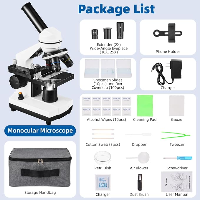 Fitense Microscope for Adults Kids,40X-2000X Monocular Microscope Kit for Home School Lab, 2 LED Lights & 5 Colors Kids Microscope with Phone Holder,10 Specimen Slides,20 Slides,100 Coverslips, Bag
