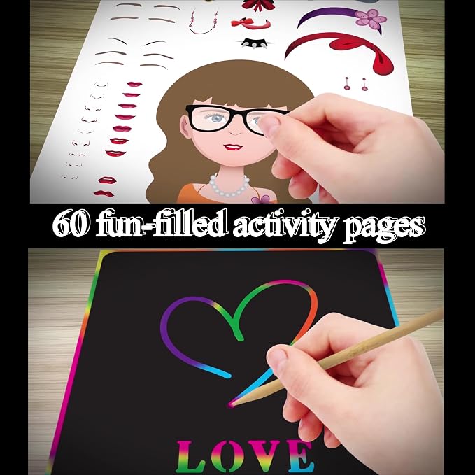 Activity Book for Girls and Boys - Premium Case Includes Large 60-page - 420 Stickers, Rainbow Scratch Papers, Reusable Stickers, Coloring Pencils, Numbers and Letters Stencil - Educational Toys Gift