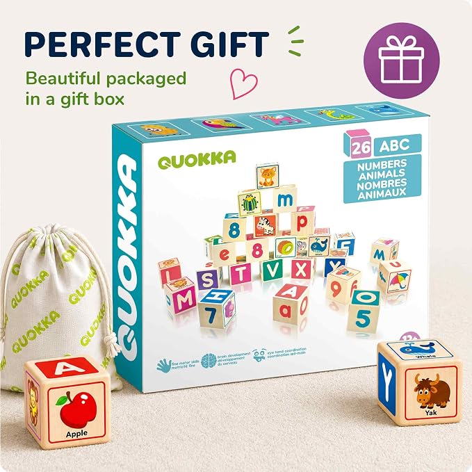 Quokka Wooden Blocks for Toddlers 1-3 - 26 Counting ABC Learning Baby Blocks for Kids 3-5 Year Olds Stacking Alphabet Wood Toys for 2-4 Ages - Developmental Toys with Letters Numbers from 12-18 Month