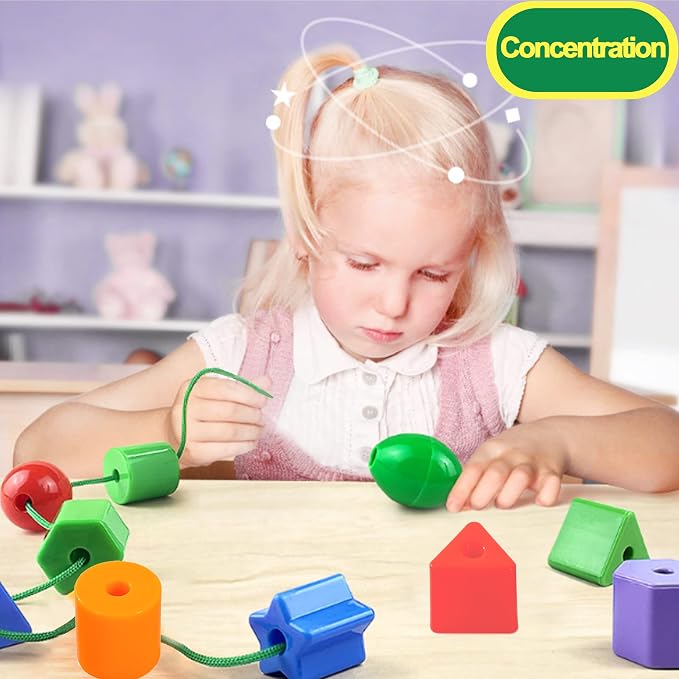 KUTOI Toddler Toys - Big Lacing Beads Set for Fine Motor Skills & Hand-Eye Coordination - 36 Beads & 6 Strings - Color Sorting & Counting Educational Learning Toy Montessori Toys