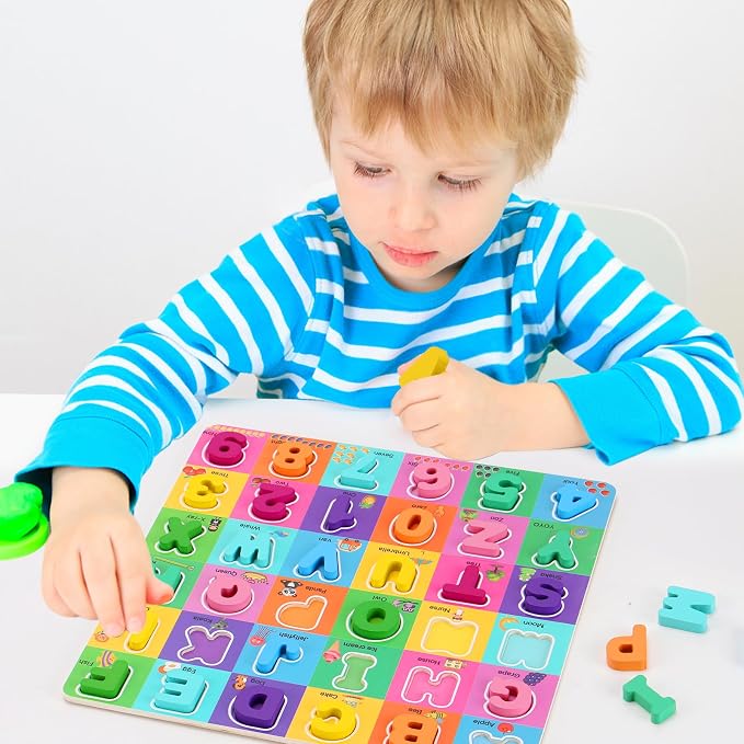 Wooden Alphabet Puzzles Ages 3-5, Alphabet and Number Puzzle with ABC Learning for Kids Ages 3 4 5, Preschool Learning Toys with Chunky ABC Puzzle Board for Girls Boys Kindergarten