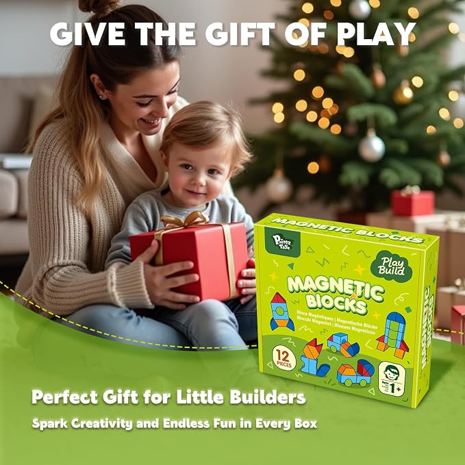 Pairez Toys Magnetic Blocks for Kids Ages 1-3, Large Building Blocks | Geometric 3D Shapes, 12 PCS Stacking Blocks Set, Montessori Sensory Toys for Toddlers, Boys & Girls, Kids Travel Toys