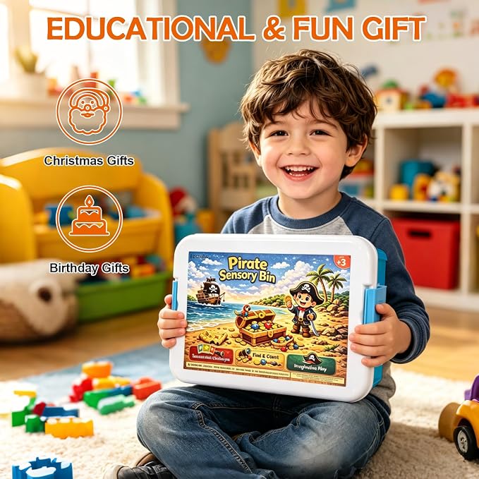 Pirate Treasure Chest Sensory Bin for Kids with Sensory Sand | Includes pirate figures, gems, coins and challenge cards for fine motor skills, counting activities Gifts for kids ages 3-6