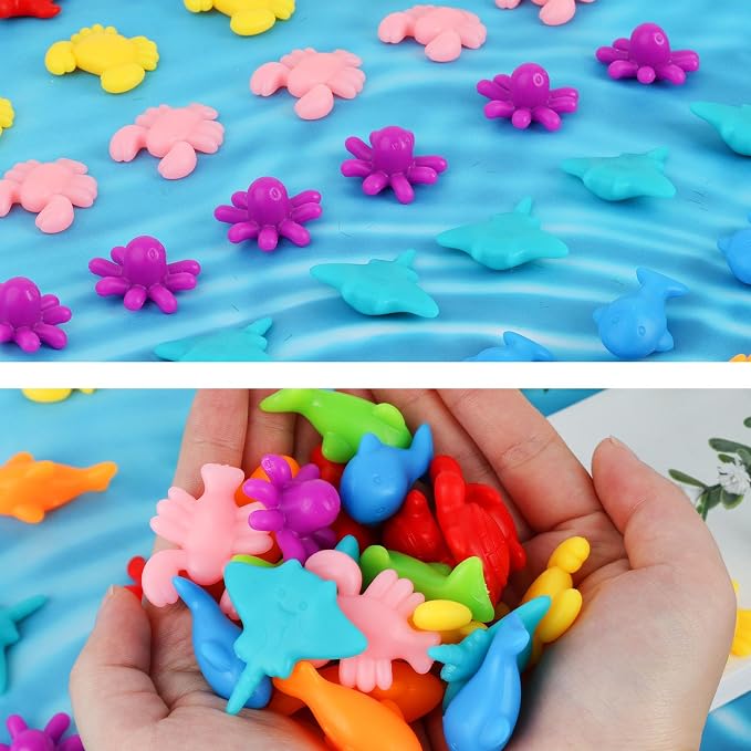 AMOR PRESENT 56 Couting Animals, 6 Sorting Bowls, 2 Tweezers, Storage Tube | Ocean Animals, Color Sorting Toys, Matching Game, Montessori Learning, for Toddlers, Fine Motor Skills