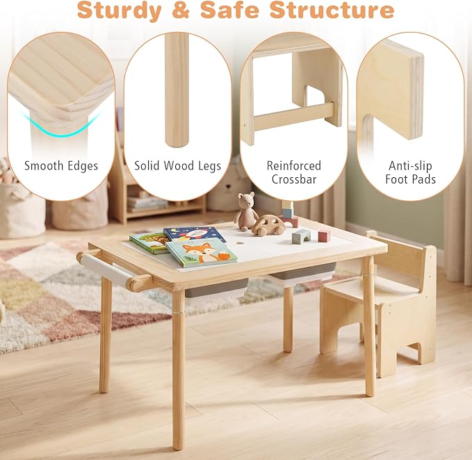 HONEY JOY Sensory Table and Chair Set, Wooden Sand & Water Activity Set w/Adjustable Height, Dual Sided Top, 2 Bins, Paper Roll & 2 Hooks for Art, Study, Craft, Gift for Boys Girls 3+