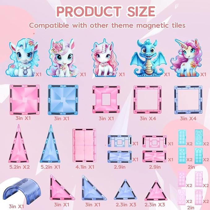 Unicorn Magnetic Tiles 49pcs – Magical Unicorn Toys for Girls Aged 4-8, Magnetic Building Blocks, STEM Construction Toy with 4 Unicorn Dolls and Dragon, Diamond 3D Educational Gift for Girls & Boys