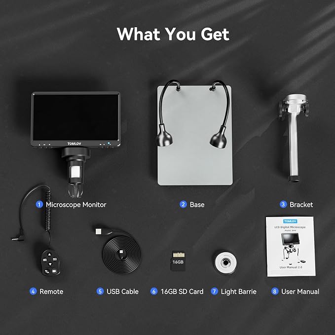 TOMLOV DM9 7" Digital Microscope: 1080P 1200X Coin Microscope Magnifier, 12MP Ultra-Precise Focusing LCD Soldering Microscopes for Adults, PC View, 16GB