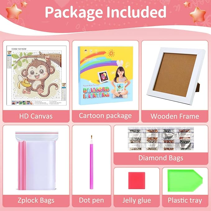 Gemozaic Monkey Diamond Art Kits for Kids Ages 4-8-12 with Frame, 7 x 7 in | Cute Monkey Diamond Art for Kids 10 Year Old, DIY Easy Kid Big Gem Painting, Animal Arts and Crafts for Girl Birthday Gift