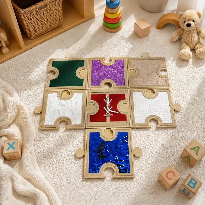 Sensory Wall Panel Set 7 Wooden Frames 13 Sensory Pads with Sequin Mat & Texture Film, Interchangeable Tactile Activity Boards for Kids, Fine Motor Skills Toys for Autism, Daycare, Special Education