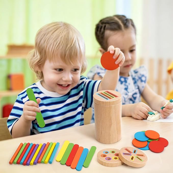 Montessori Toys for 1-3 Year Old, 3 in 1 Wooden Color Sorting Stacking Travel Toy for Toddlers 18+ Months with Magnetic Lid, Birthday Christmas Learning Gift for 2-4 Year Olds Boys Girls