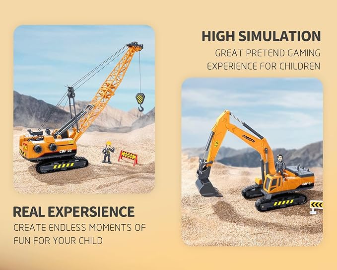 Kids Construction Toys for Boys, Playset of Excavator Toy, Crane Toy & Semi Truck Toy Tractor Lowboy Trailer, Construction Trucks for Toddler, Ideal Birthday Party Favor Gift for 3 Years Old and Up