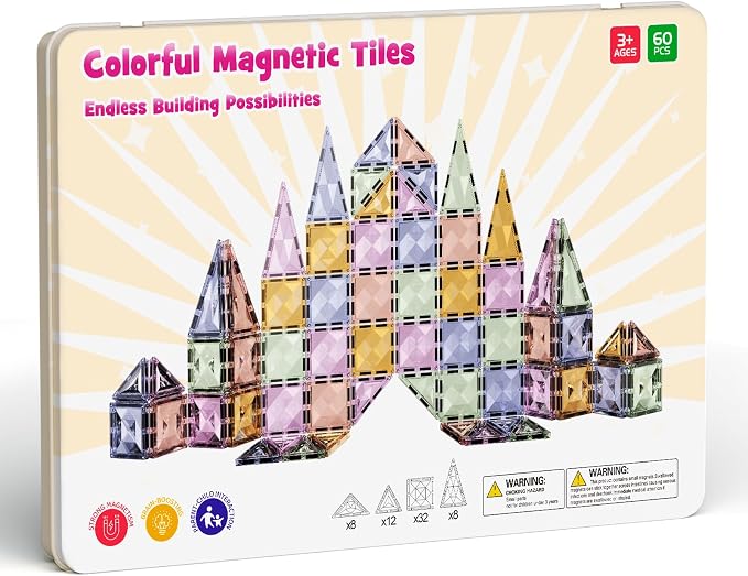 Clear Crystal Glitter Magnetic Tiles: Diamond Building Blocks for Kids | 60PCS Metal Storage Box, Compatible With Most Tile Sets, Strong Magnets, Ages 4-8, 60+ Mins Play Travel & Home Fun